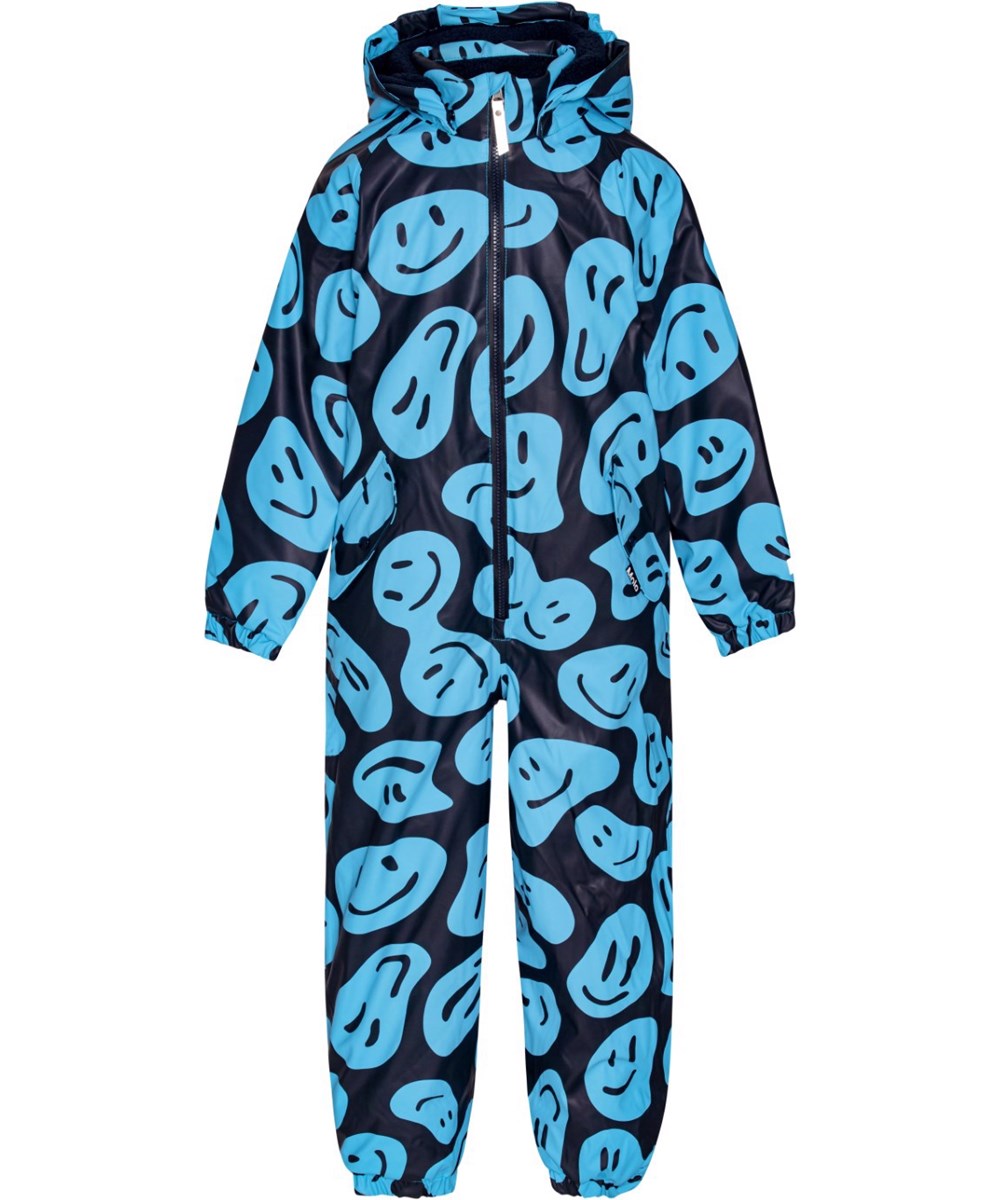 Paco - Smile On Blue - Unisex natuur rubberen skipak in het blauw met gezichten