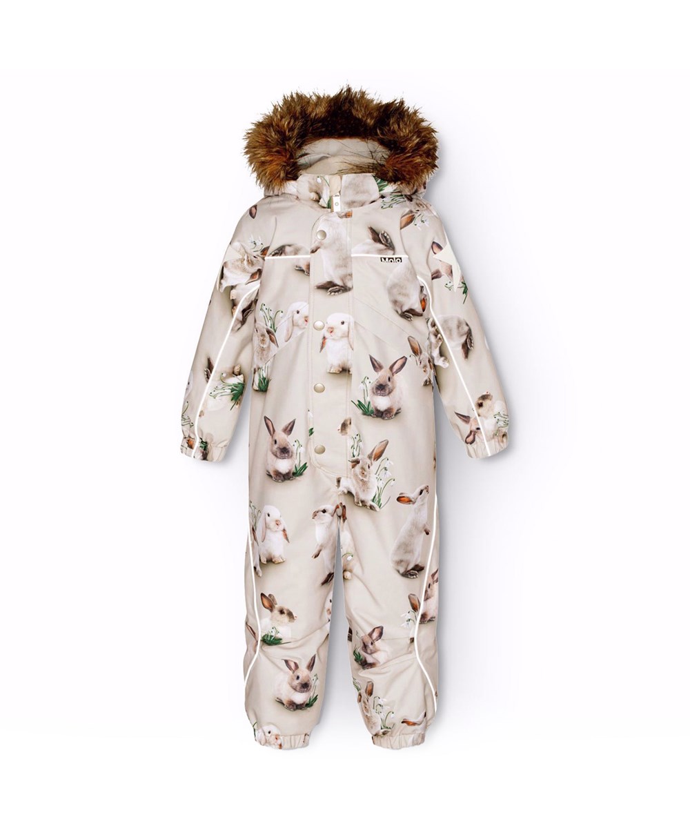 Polaris Fur - Winter Rabbits - Kinder skipak van gerecycled polyester met een print van schattige konijntjes tussen sneeuwklokjes op een grijze achtergrond.