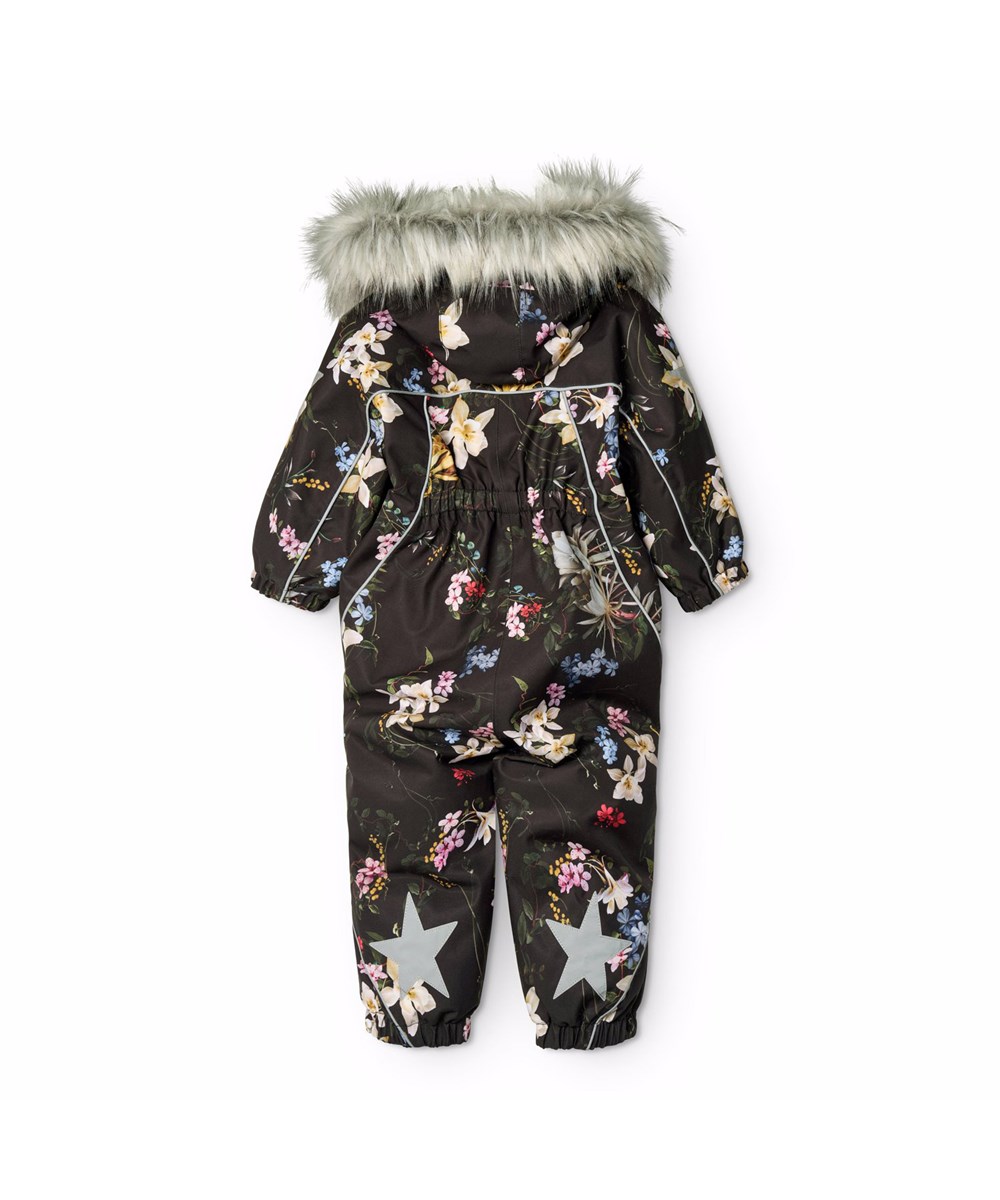 Pyxis Fur - Paisley Flowers - Zwarte wind- en waterdichte skipak voor een koude winter met een kleurrijke bloemenprint gemaakt van gerecycled polyester en gevoerd met 3M™ Thinsulate™.