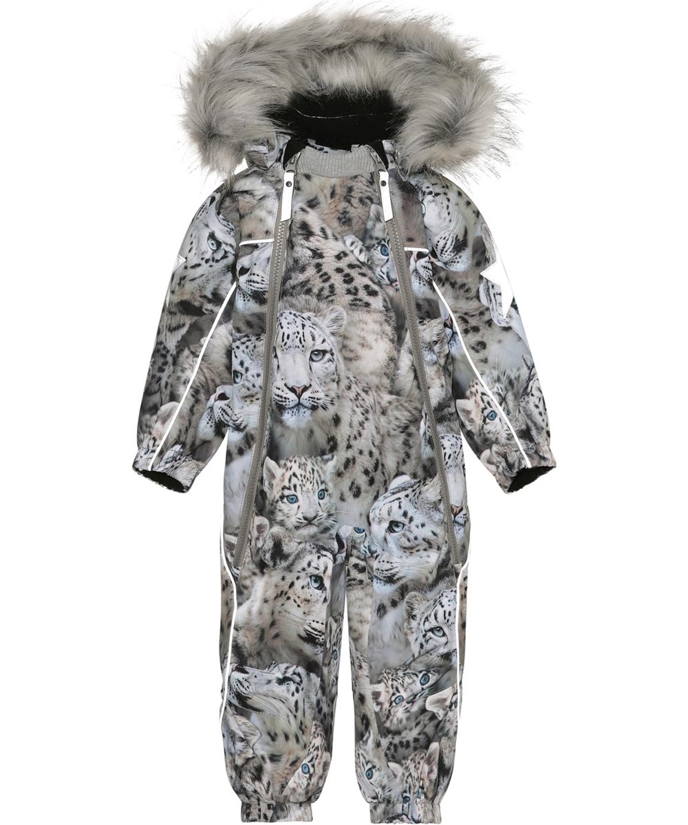 Pyxis Fur - Snowy Leopards - Gerecyclede grijze baby skipak met sneeuwluipaarden