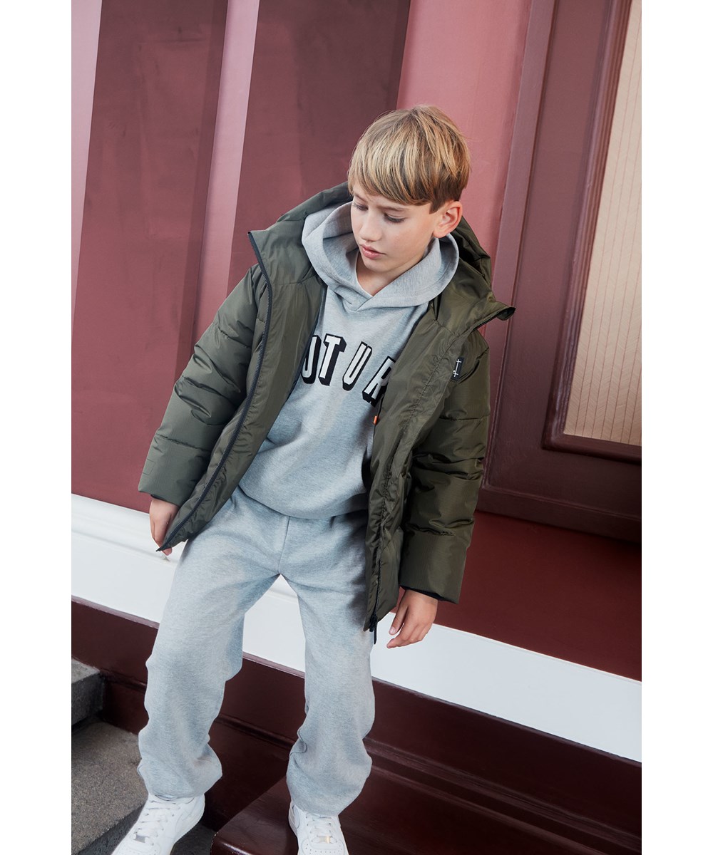 Adan - Grey Melange - Grey organic  sweatpants with a future print