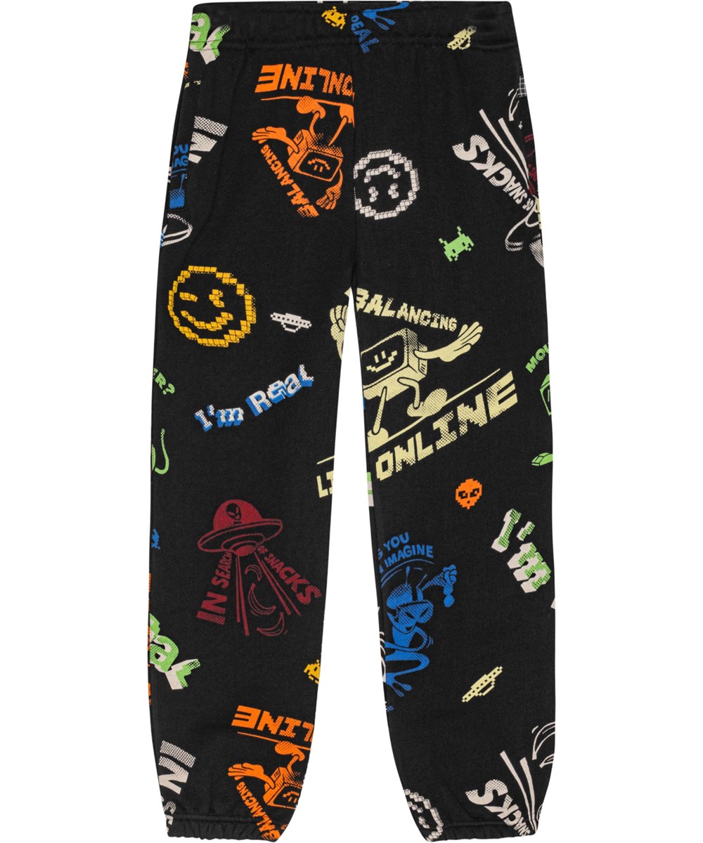 Adan - Cartooniverse - Black organic cotton sweatpants with elastic waistband and a multicoloured comic character print.