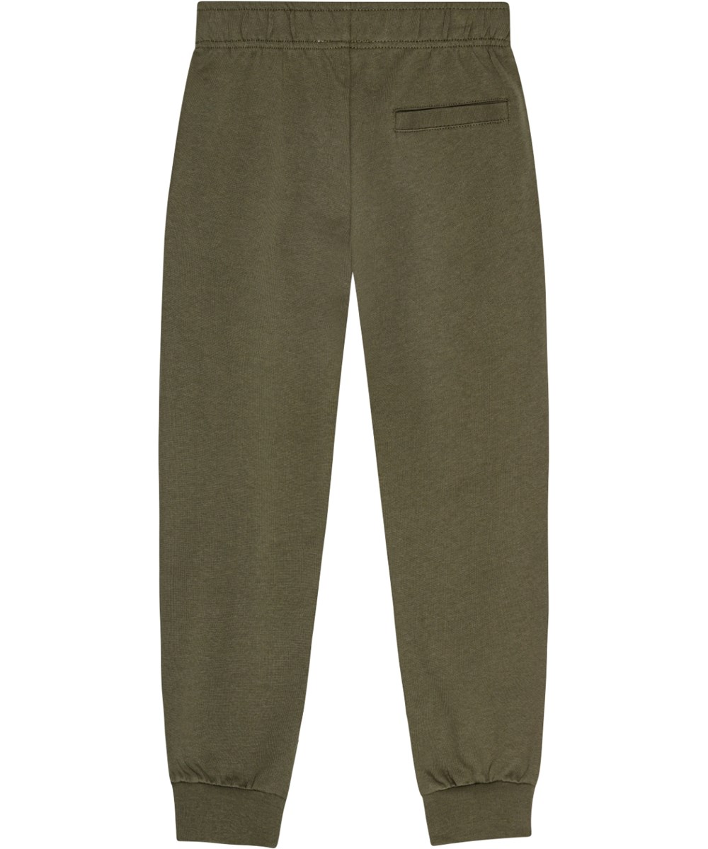 Adani - Growth - Army green organic cotton sweatpants with elastic waistband, drawstring, and an "Imagine" text print on the thigh.