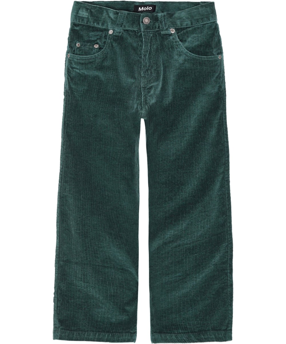 Aiden - Ponderosa Pine - Green trousers in corduroy with five pockets, straight legs, and an adjustable waistband.(corduroy is ribbed)