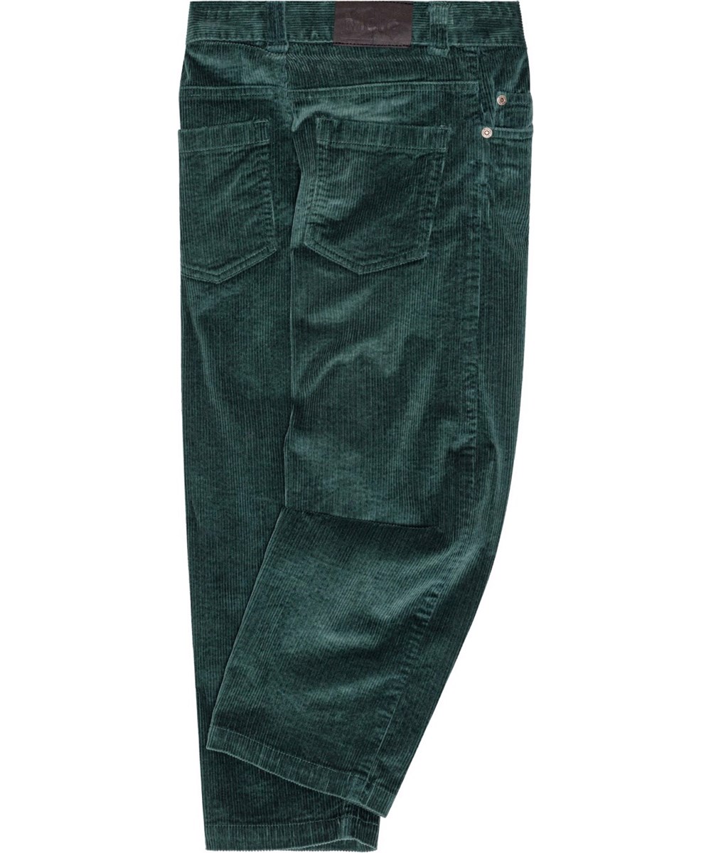 Aiden - Ponderosa Pine - Green trousers in corduroy with five pockets, straight legs, and an adjustable waistband.(corduroy is ribbed)