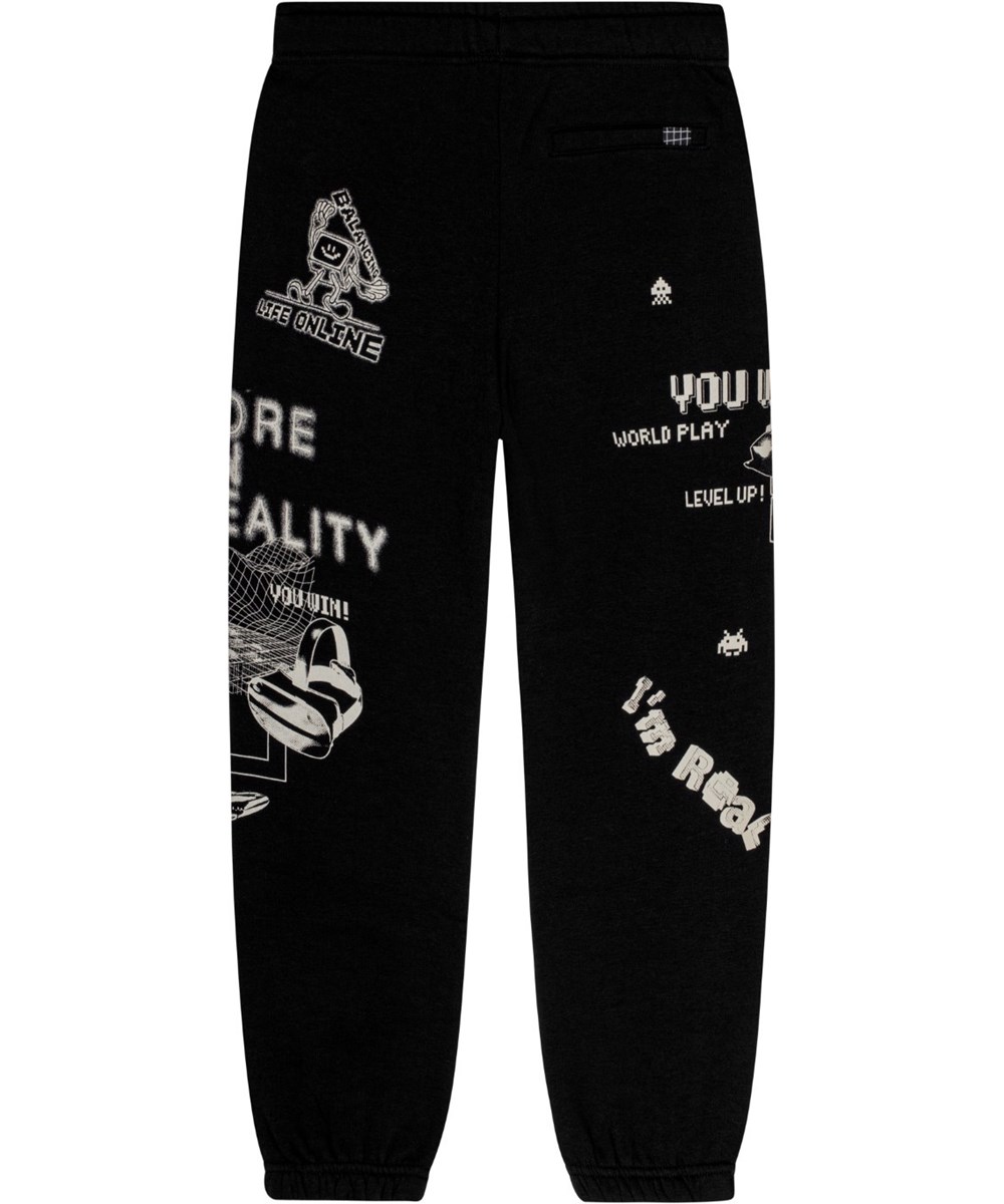 Allen - Black - Black sweatpants with an adjustable waist and a video game-inspired print.