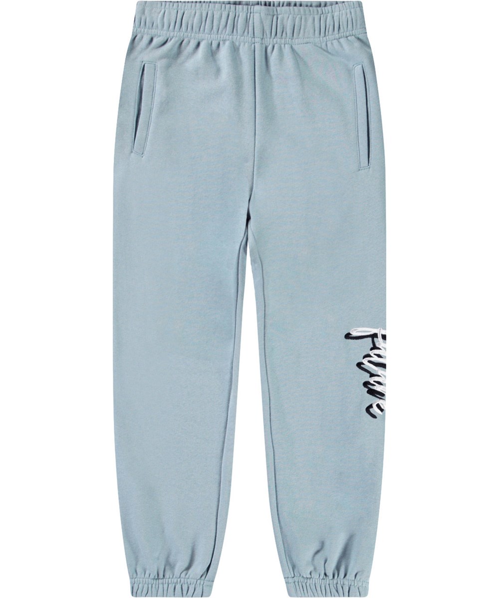 Allen - Misty Blue - Light blue organic cotton pants with 'United Future' print for children.