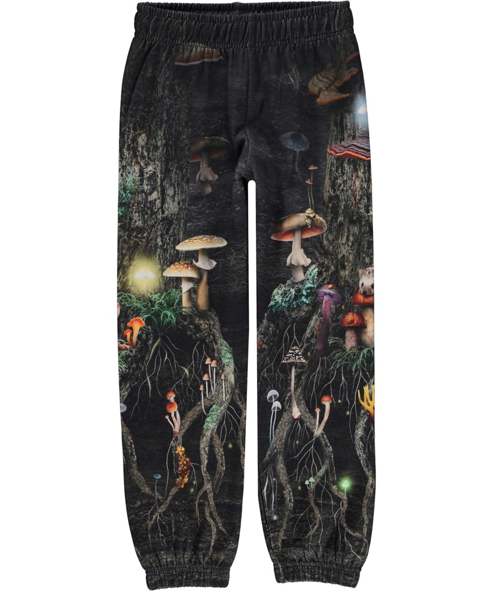 Am - Tree Life Below - Black organic joggers with mushroom and root system print 