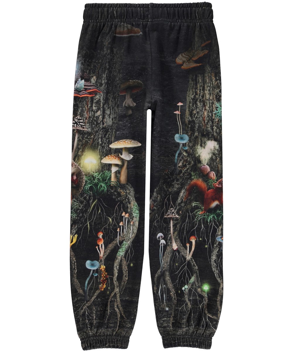 Am - Tree Life Below - Black organic joggers with mushroom and root system print 