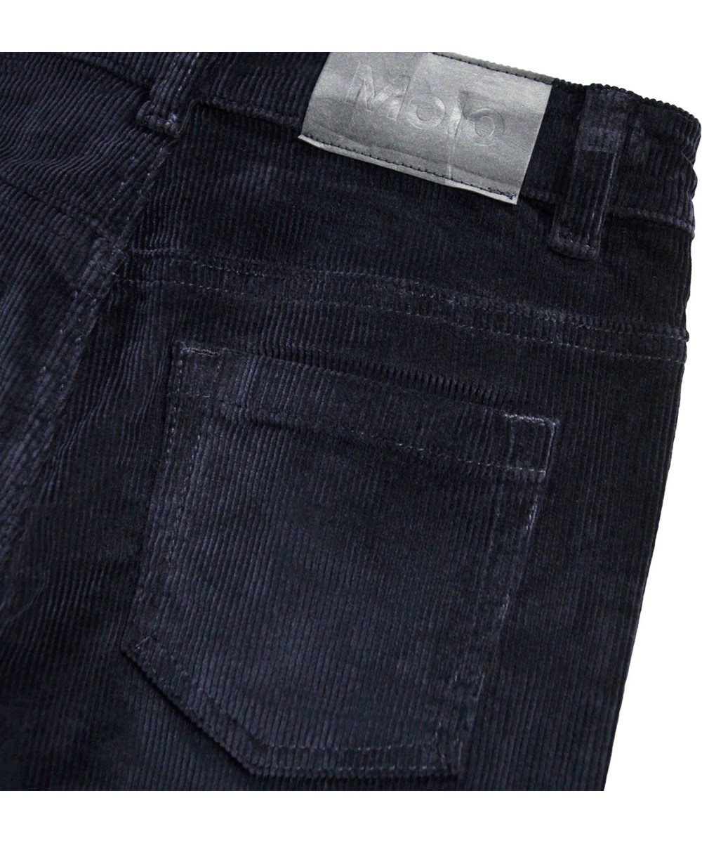 Andy - Galaxy Blue - Dark blue pants for children made of ribbed velvet with pockets and back pockets.