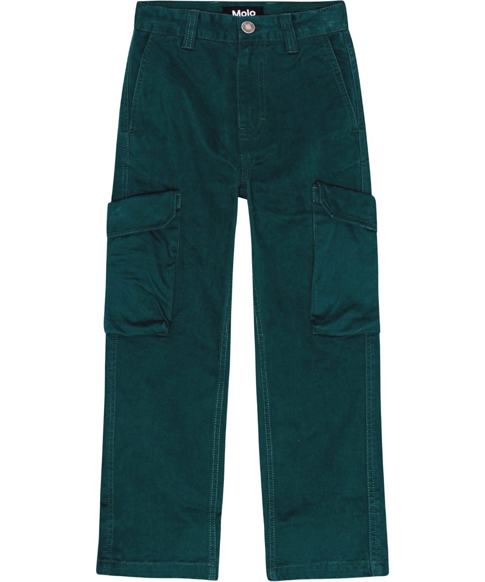 Austin - Ponderosa Pine - Green cotton cargo trousers with adjustable waist and multiple pockets.