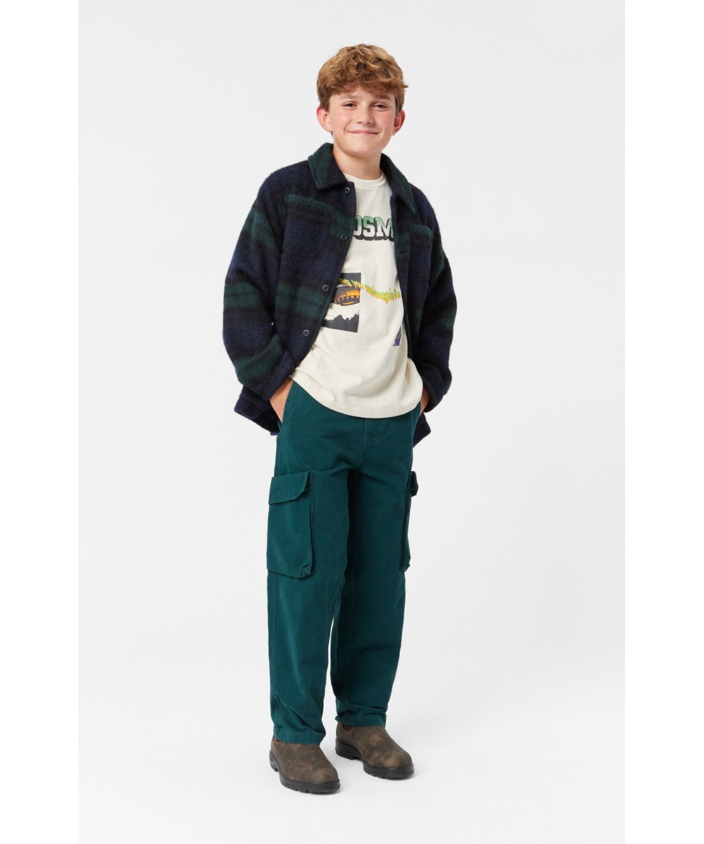 Austin - Ponderosa Pine - Green cotton cargo trousers with adjustable waist and multiple pockets.