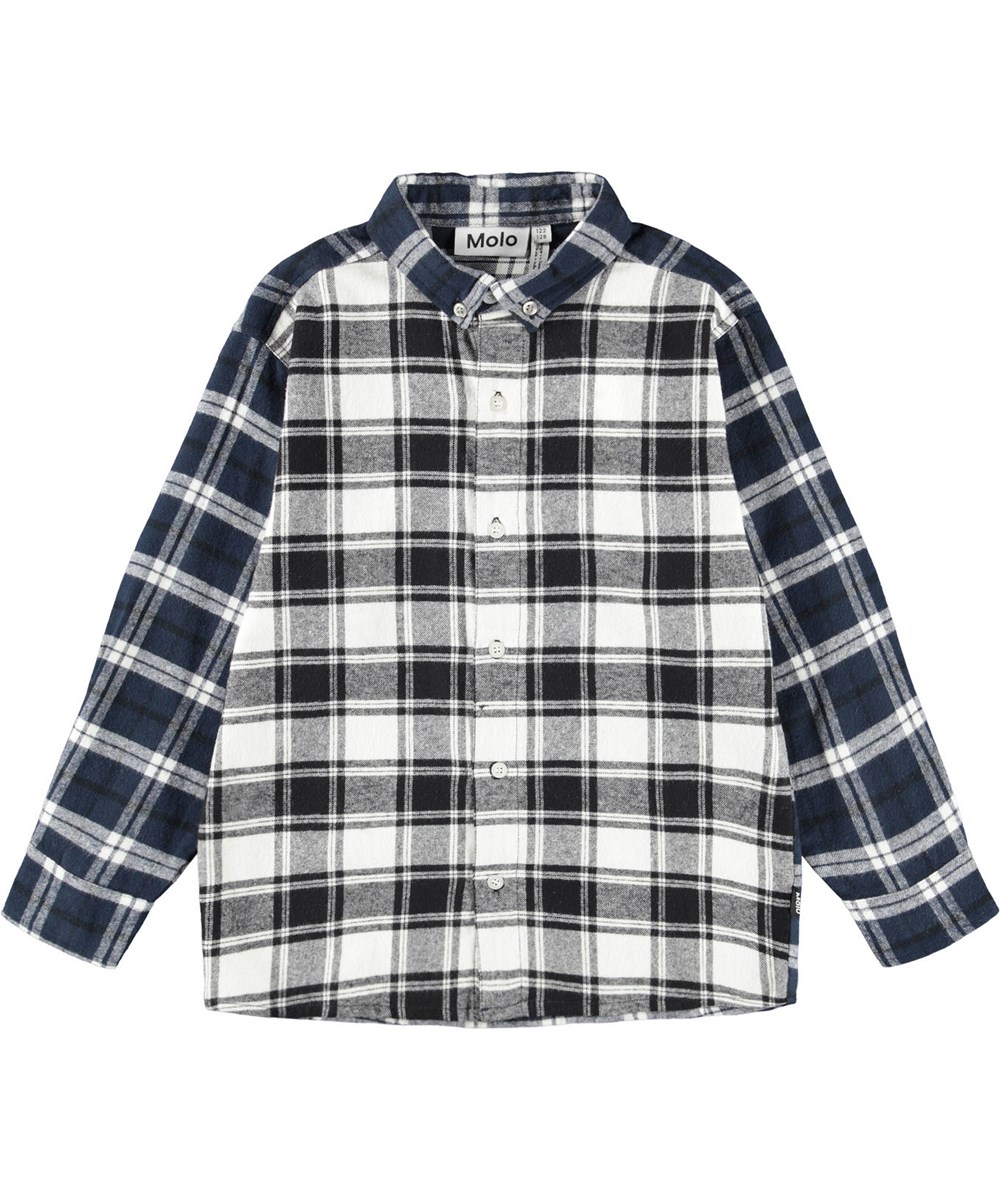 Remon - Crisp Black - White, black and blue checkered shirt for children made of organic cotton.