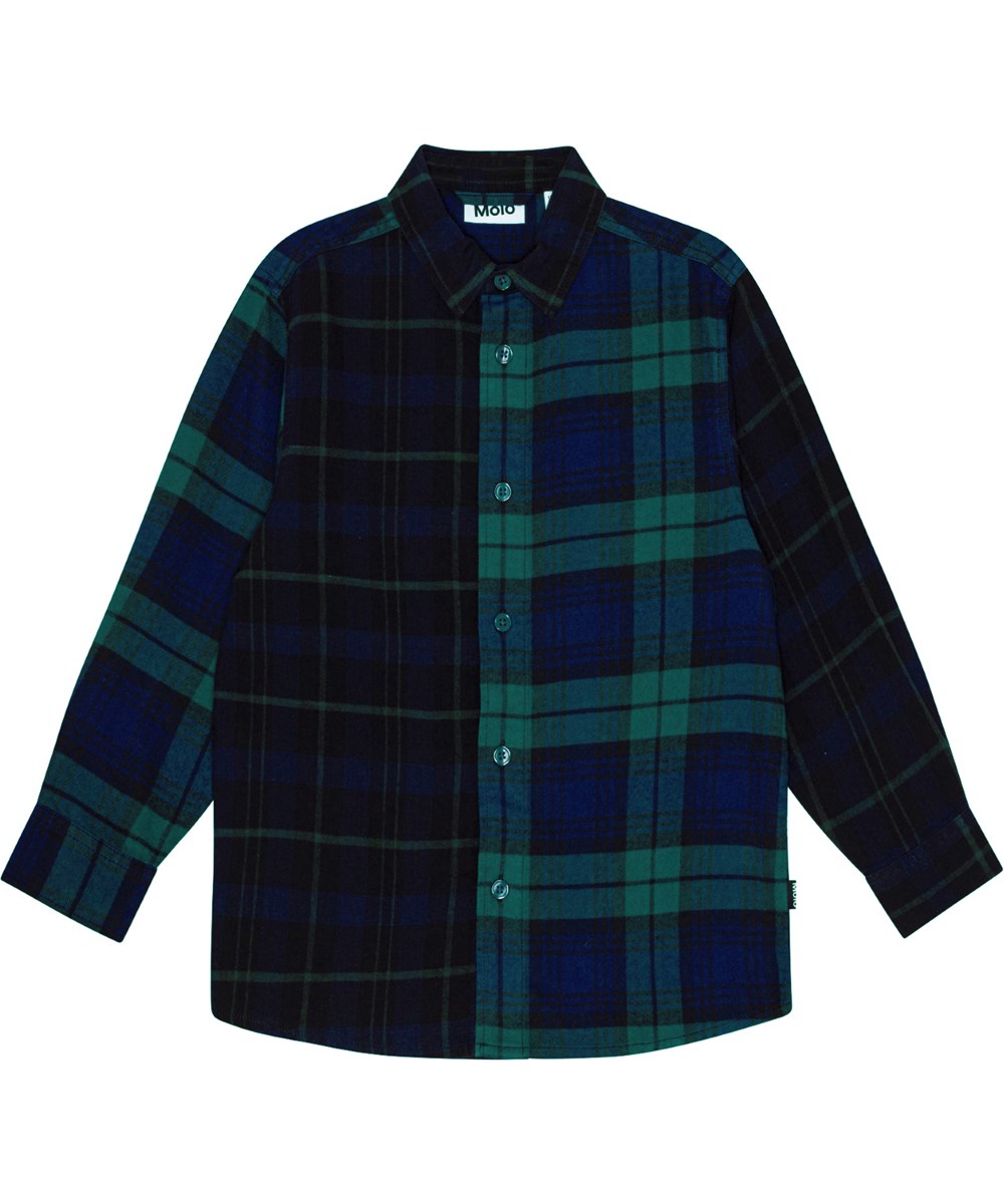 Remon - Dark Pine - plaid shirt in organic cotton in green, black, and blue
