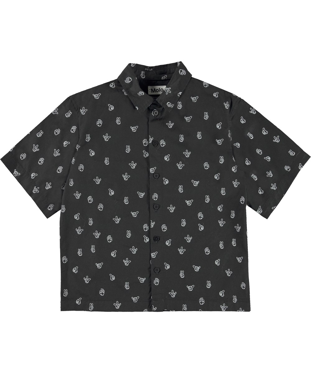 Richie - Friendly Hands - Black short sleeve shirt with a print of hand signs 