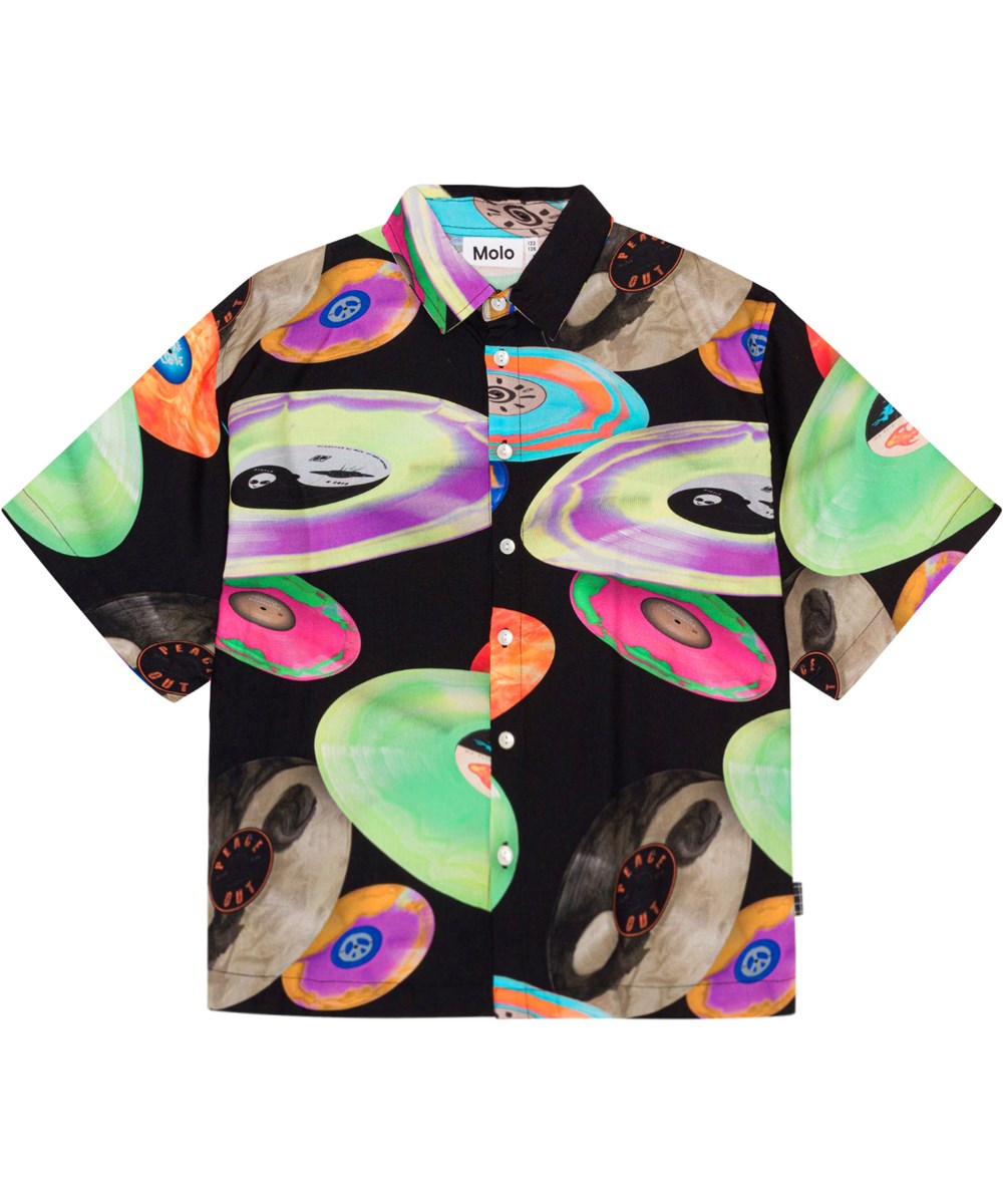 Richie - Records Dark - Black shirt in viscose with '80's vibe in an all over print of neon coloured, flying records  