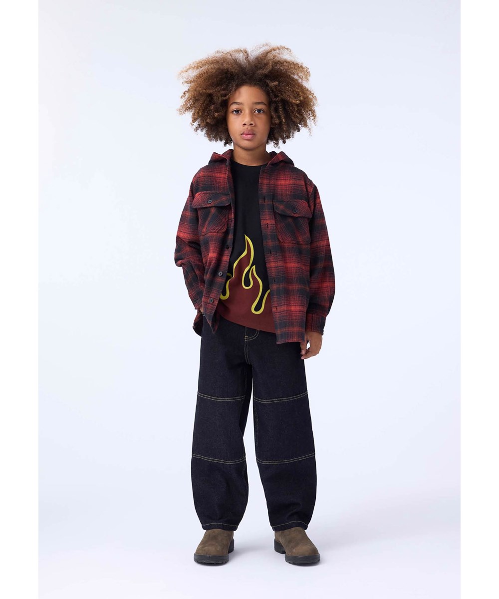 Rizz - Dark Red Check - Black and red checkered overshirt for children made of cotton.