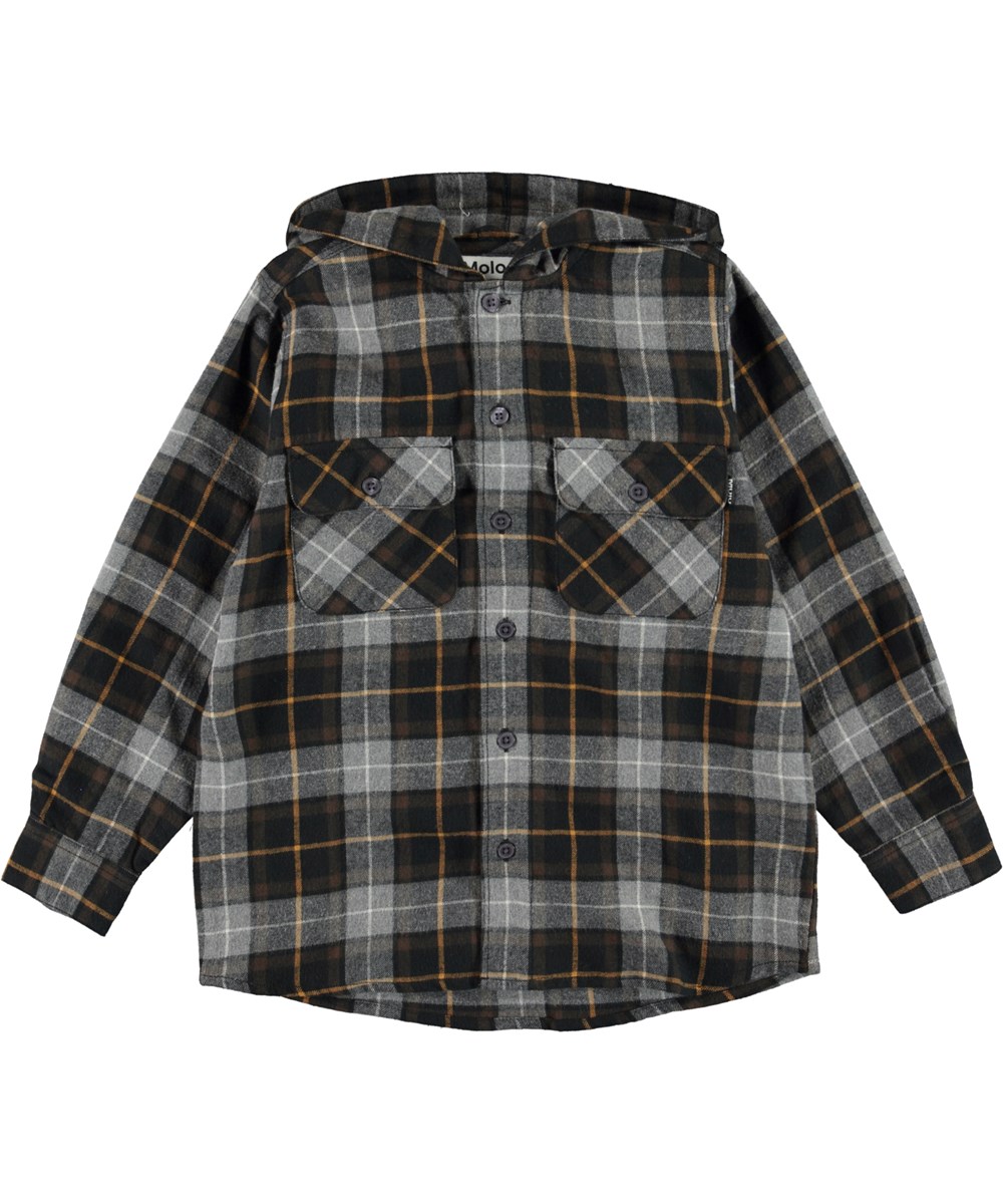 Rizz - Grey Brown Check - Plaid shirt with hood 