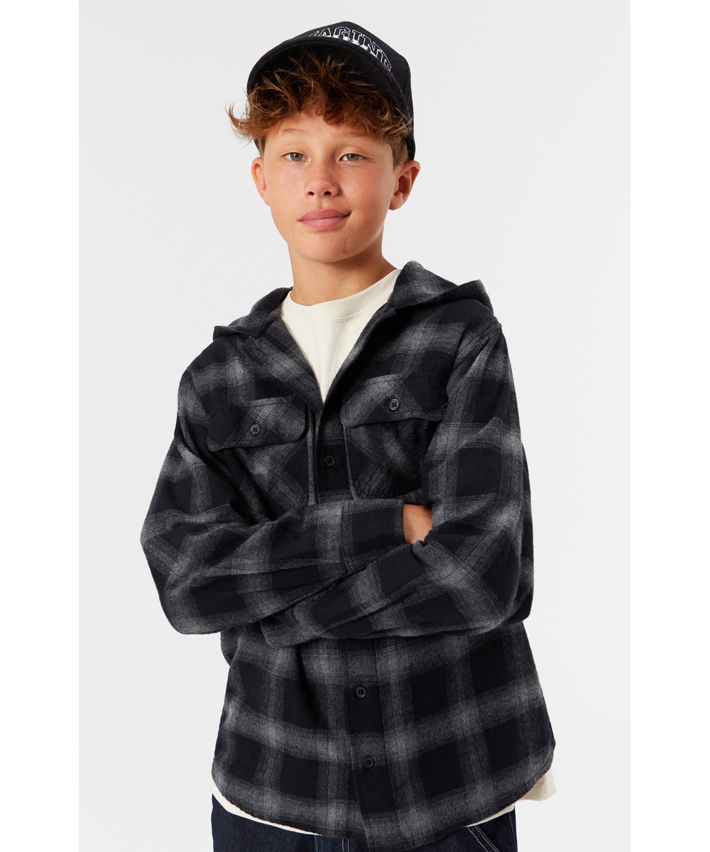 Rizz - Space Check - Black and grey plaid overshirt in cotton with hood and pockets.