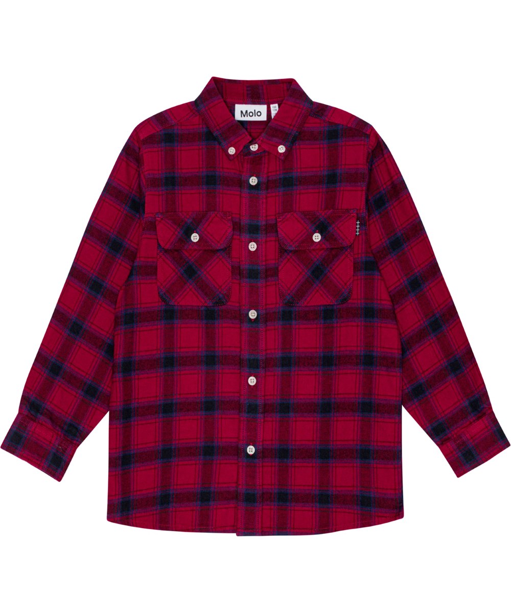 Rozzy - Dragon Check - Red, black, and blue plaid organic cotton shirt with button closure.