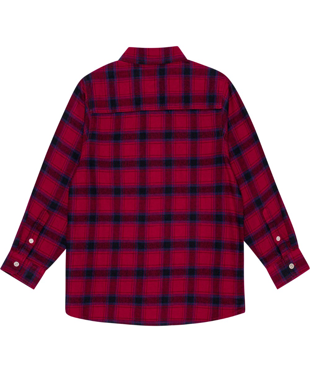 Rozzy - Dragon Check - Red, black, and blue plaid organic cotton shirt with button closure.