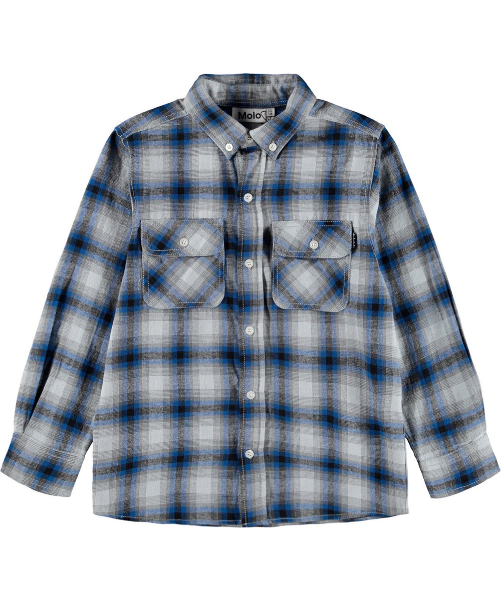 Rozzy - Moon Blue Check - White, black and blue checkered shirt made of cotton.