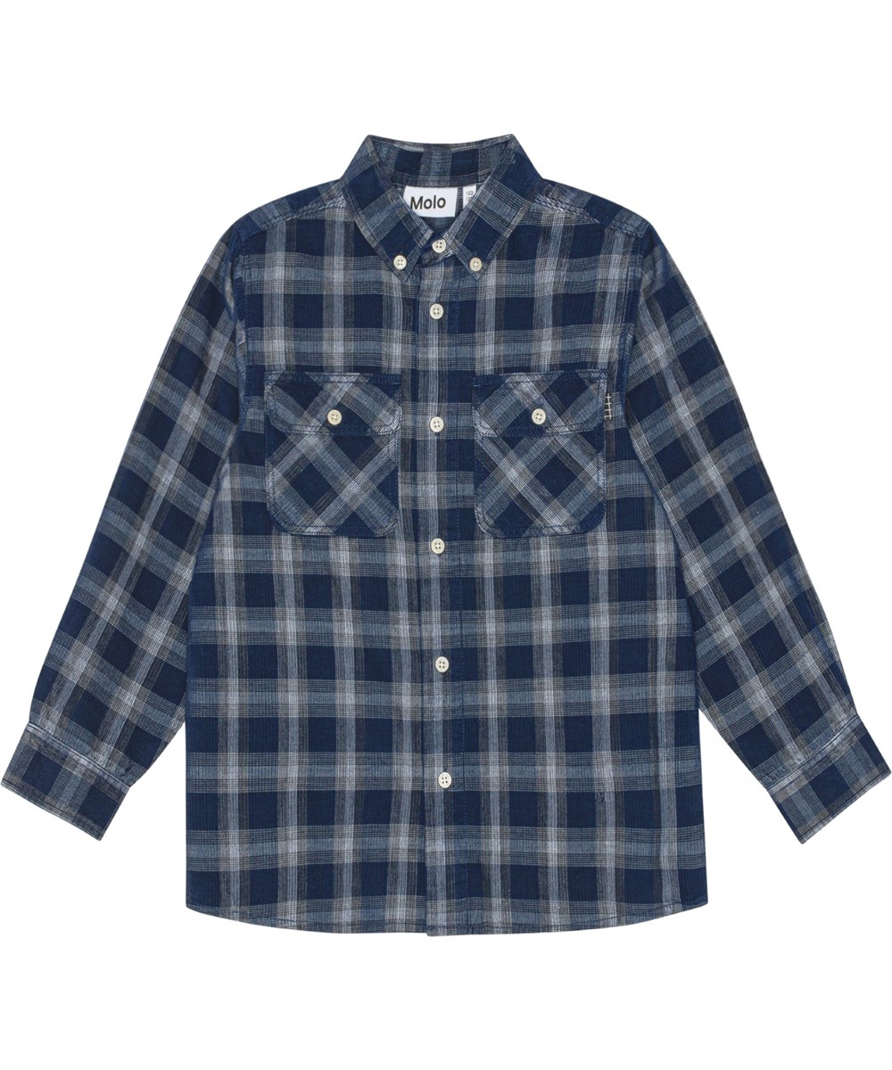 Rozzy - Night Check - Dark blue and white plaid cotton shirt with button fastening.