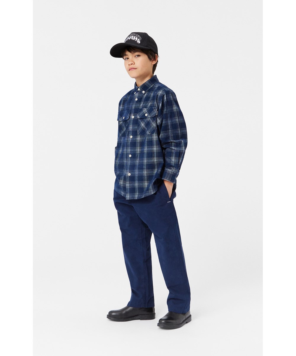 Rozzy - Night Check - Dark blue and white plaid cotton shirt with button fastening.