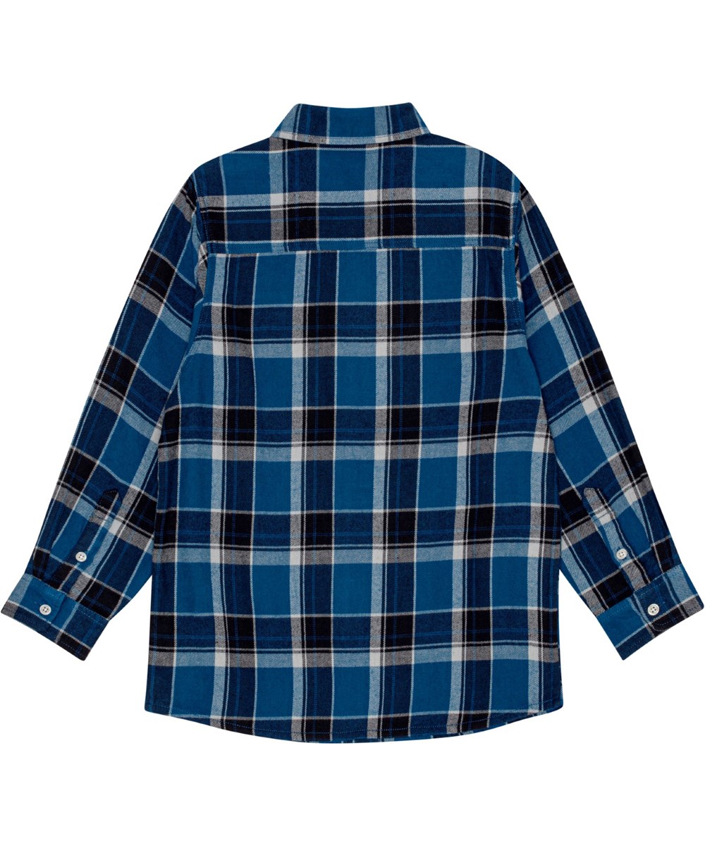 Rozzy - Oceanic Check - Blue, white, and black plaid organic cotton shirt with button closure.