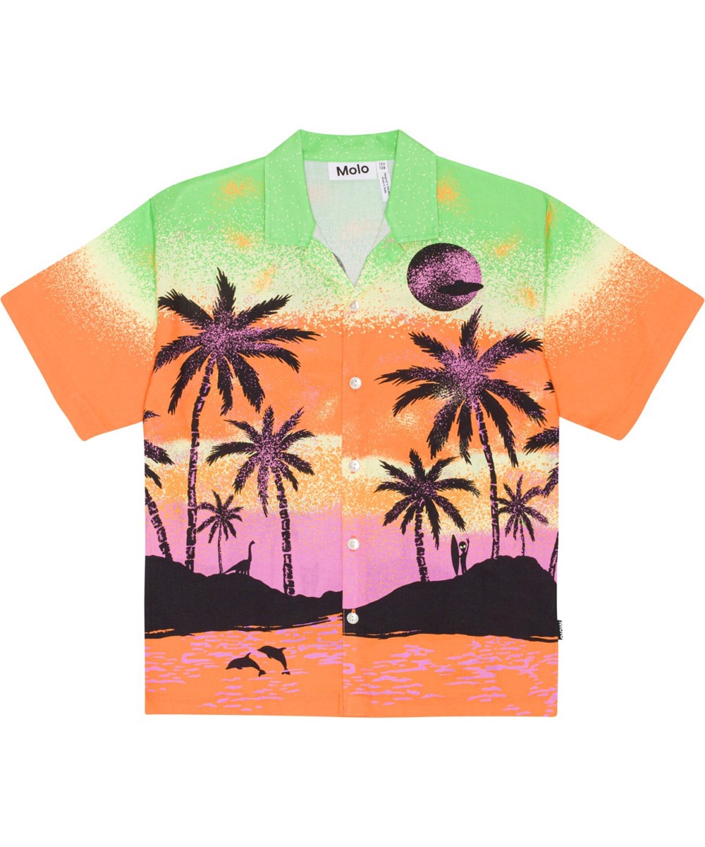 Rui - Alien Island - Green, orange and purple, organic shirt with Hawaii and alien placement print