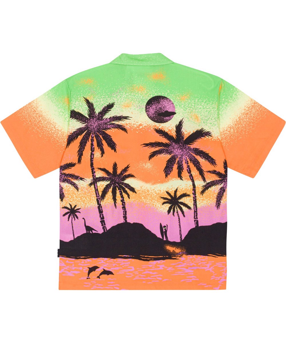 Rui - Alien Island - Green, orange and purple, organic shirt with Hawaii and alien placement print