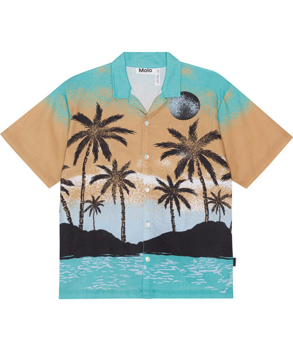 Rui - Holiday Island - Turquoise and sand coloured, organic shirt with Hawaii placement print