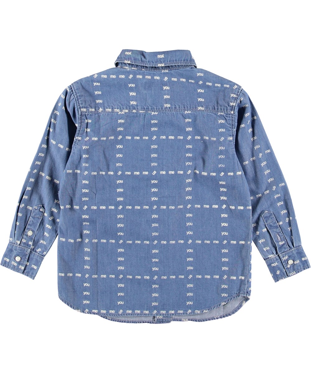 Russy - US! Blue - Blue denim shirt with words. 