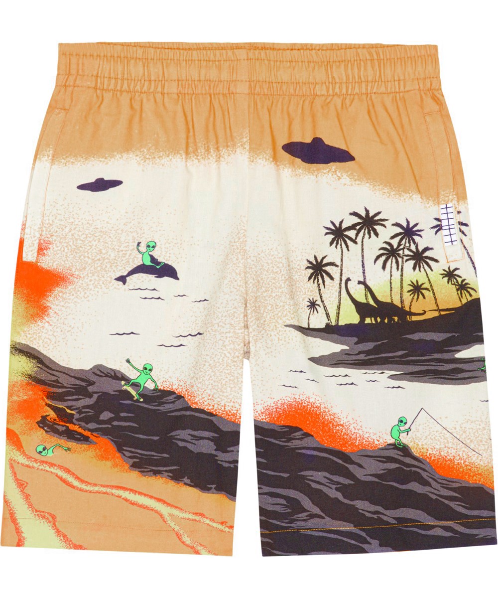 Adi - Alien Tourists - Yellow and sand coloured, organic shorts with alien surfer placement print