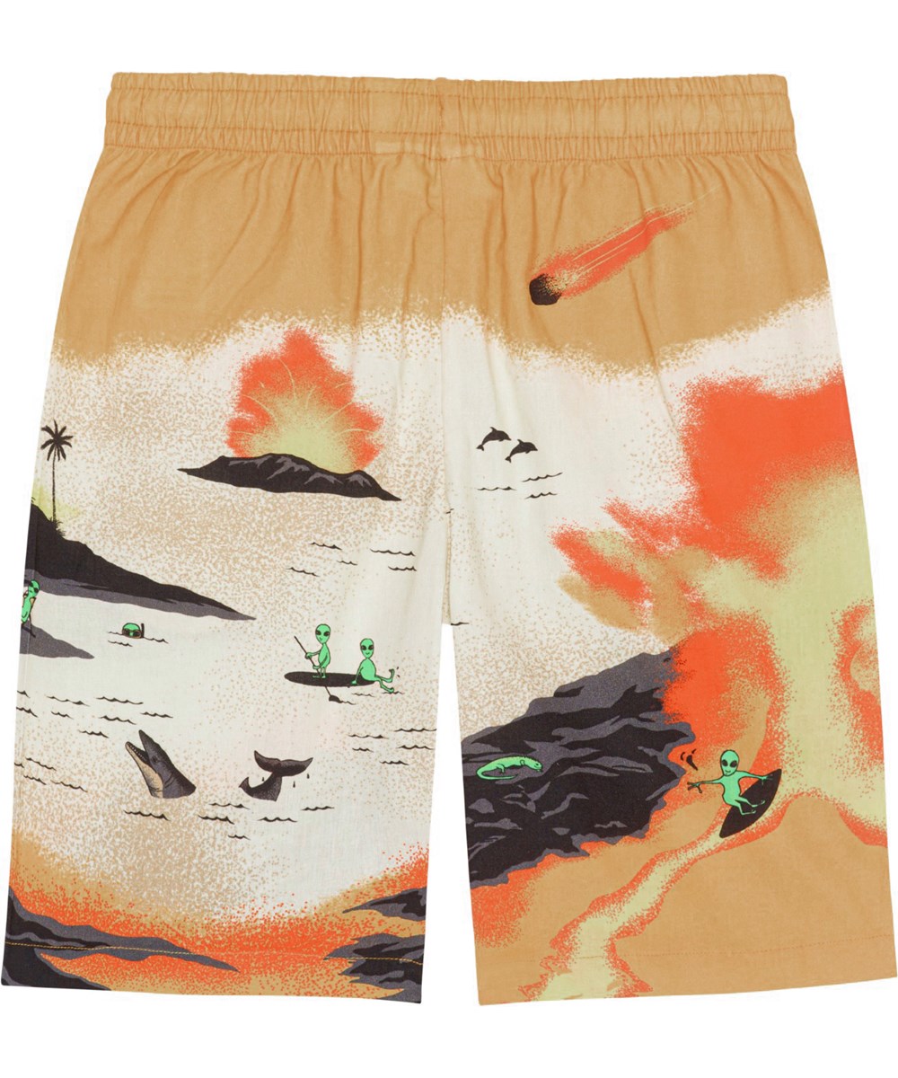 Adi - Alien Tourists - Yellow and sand coloured, organic shorts with alien surfer placement print