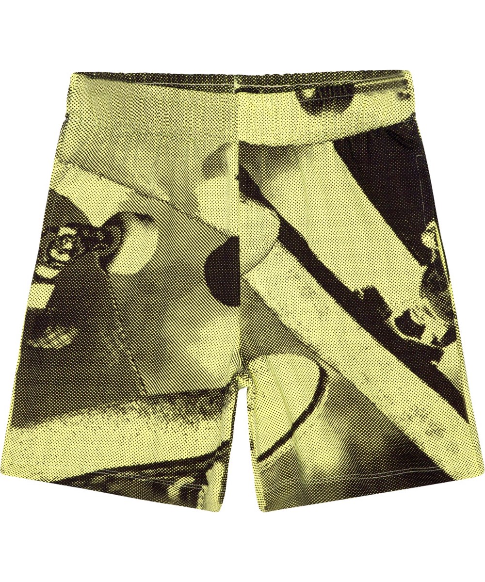 Adian - Boards - Yellow and black, organic shorts with skateboard print