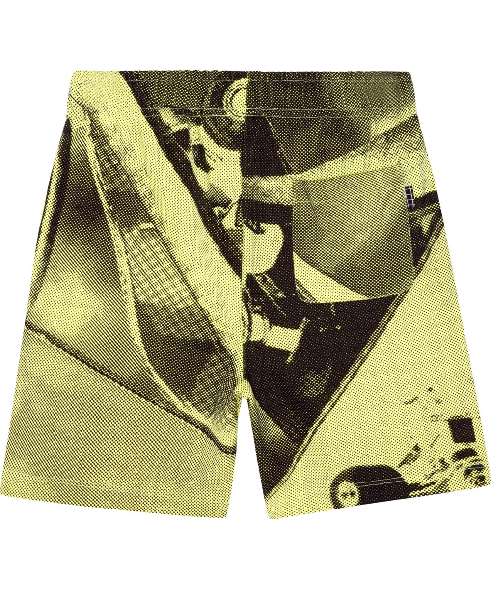 Adian - Boards - Yellow and black, organic shorts with skateboard print