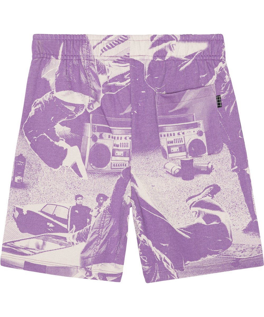 Adian - Street Dance - Purple, organic shorts with breakdance print