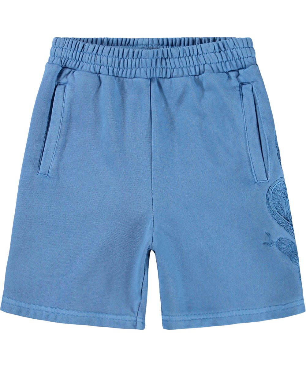 Ador - Swell Blue - Blue shorts for children made of organic cotton jersey with an snake embroidery 
