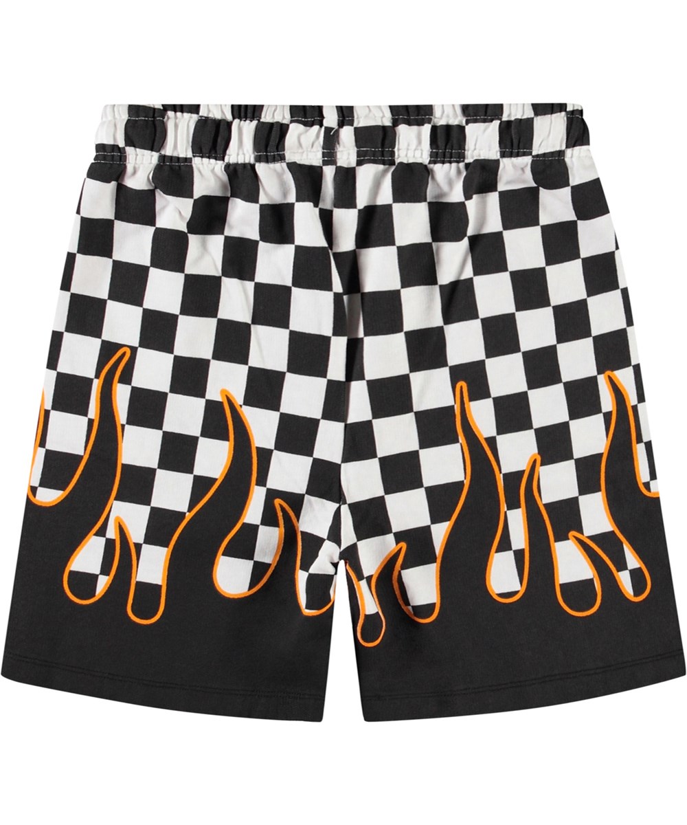 Amil - Check On Fire - Shorts in organic cotton jersey with a print of motocross, checks, and flames for children.