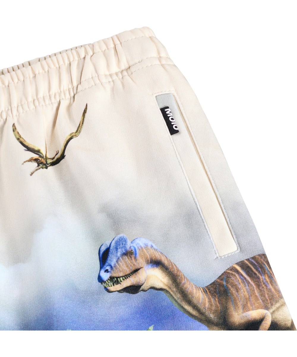 Amil - Hot Spring Dinos - Beige and blue shorts for children made of organic cotton jersey with a dinosaur print