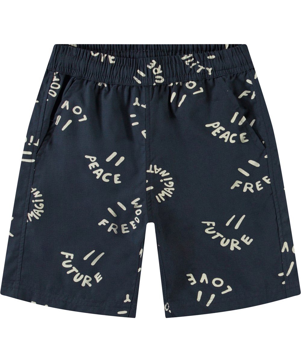 Avart - Smile Words - Knee-length shorts in organic cotton for children. These shorts are blue with smiling faces.
