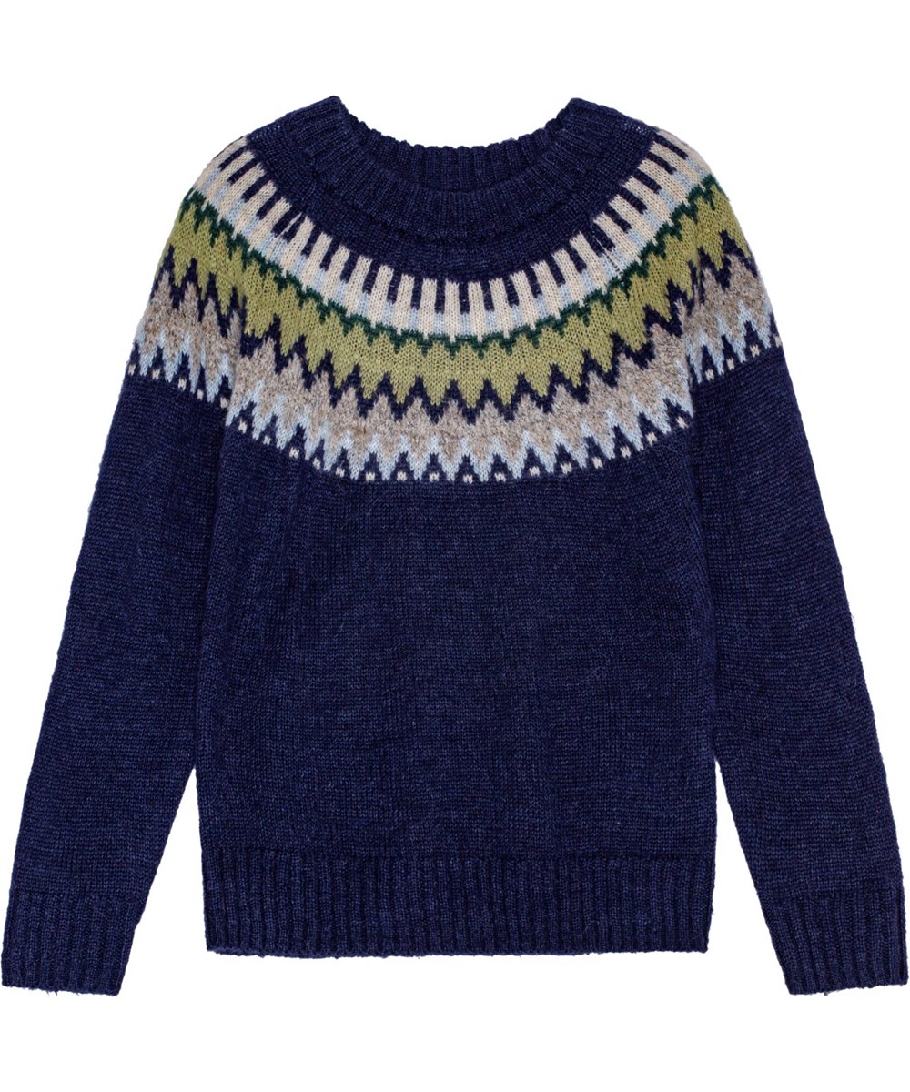 Bae - Blue Calm - Dark blue Nordic-inspired knitted jumper with round neckline and raglan sleeves.