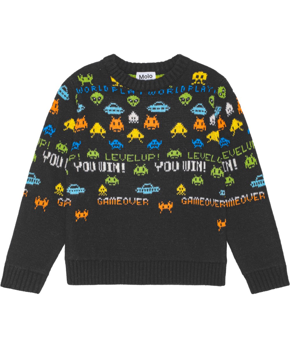 Barri - Level Up! - Black long-sleeved jumper with multicoloured pixel-inspired pattern.
