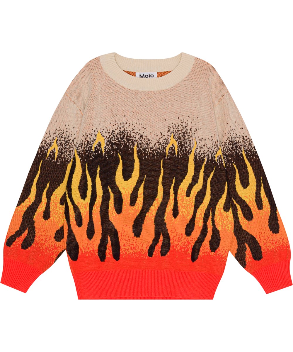 Bello - On Fire - Beige, organic knit jumper with flame motif 