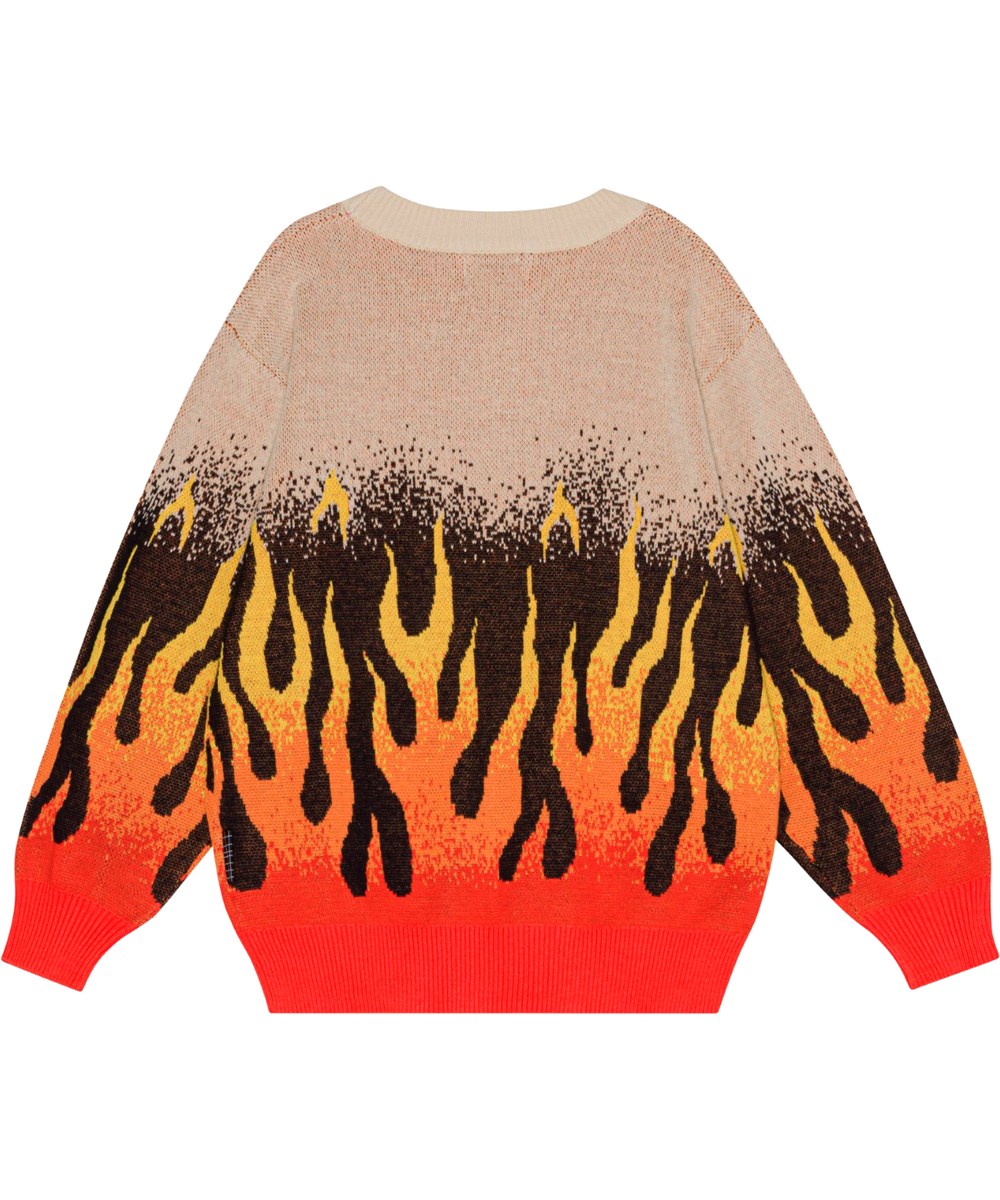 Bello - On Fire - Beige, organic knit jumper with flame motif 