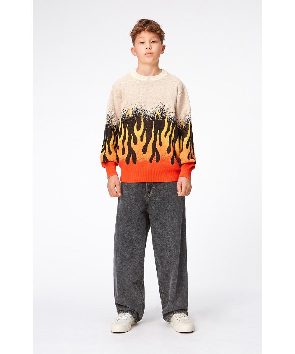 Bello - On Fire - Beige, organic knit jumper with flame motif 