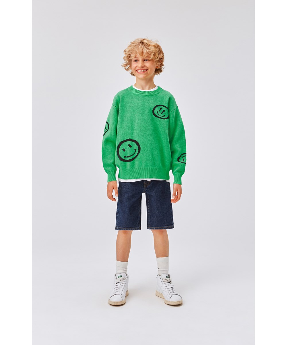 Bello - Smile On Green - Green knit jumper with smiley faces