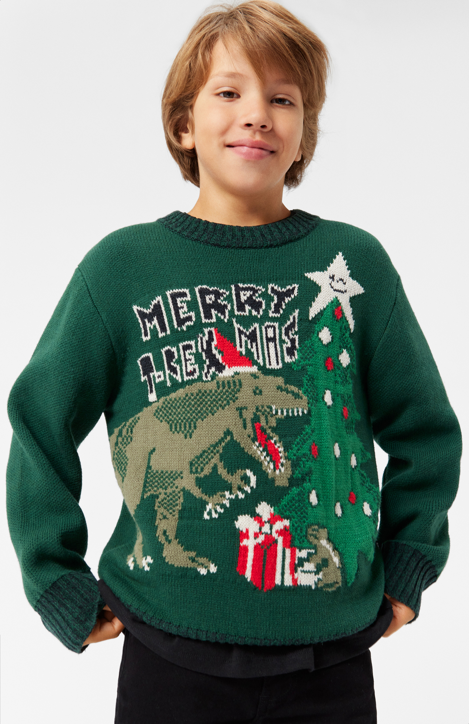 Bello T REX Mas Green knit jumper with Christmas tree and dinosaur elf print. Molo