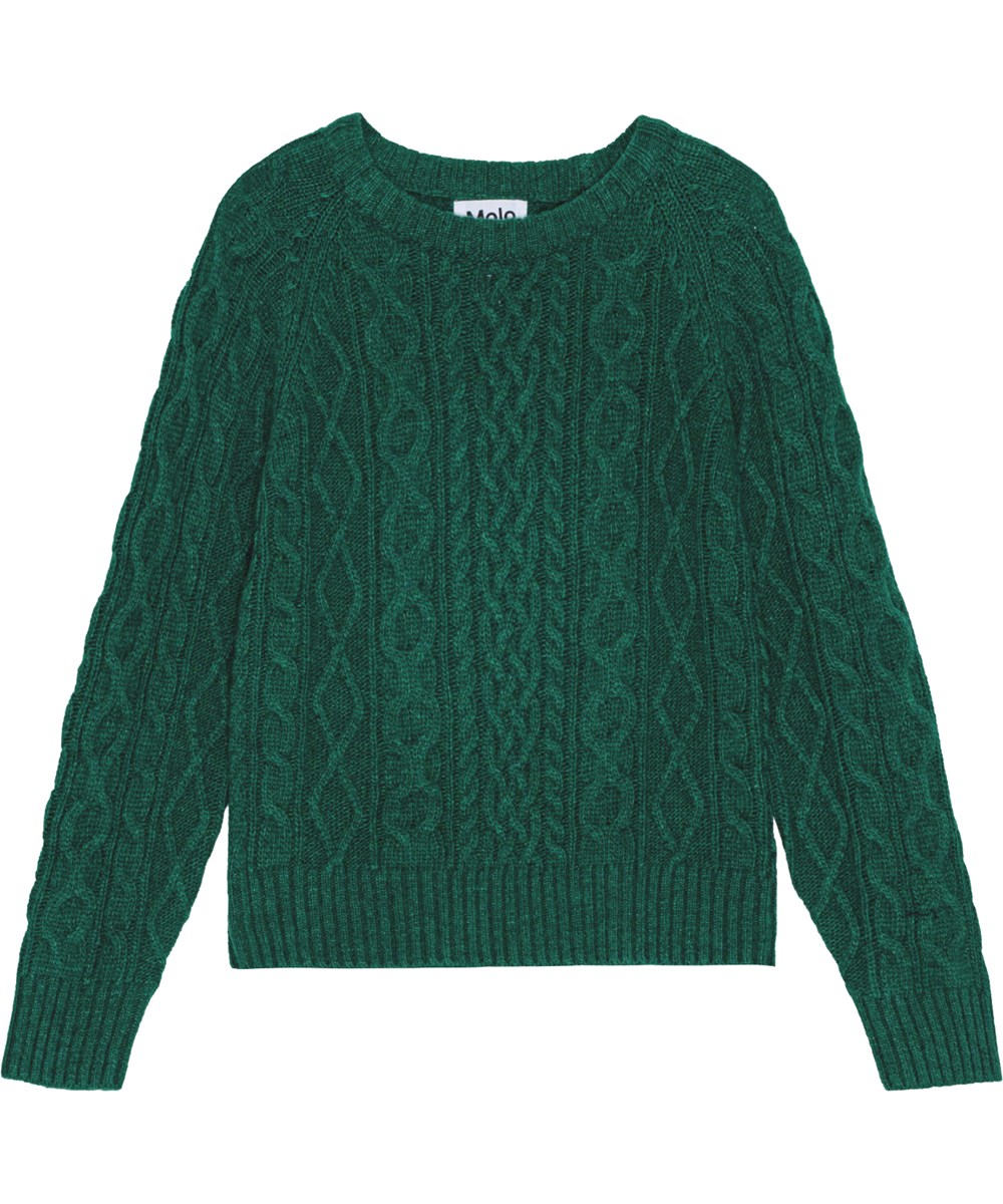 Birk - Ponderosa Pine - Green cable knit jumper with long sleeves and ribbed edges.